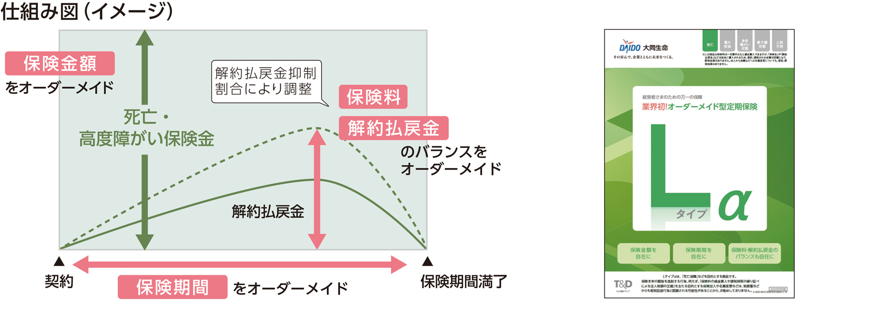 仕組み図：保険金額をオーダーメイド、保険期間をオーダーメイド、保険料と解約払戻金のバランスをオーダーメイド。Lタイプα表紙。