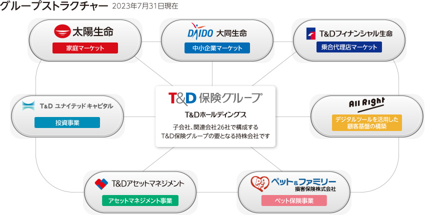 図：T&Dホールディングス：子会社、関連会社26社で構成するT&D保険グループの要となる持株会社です