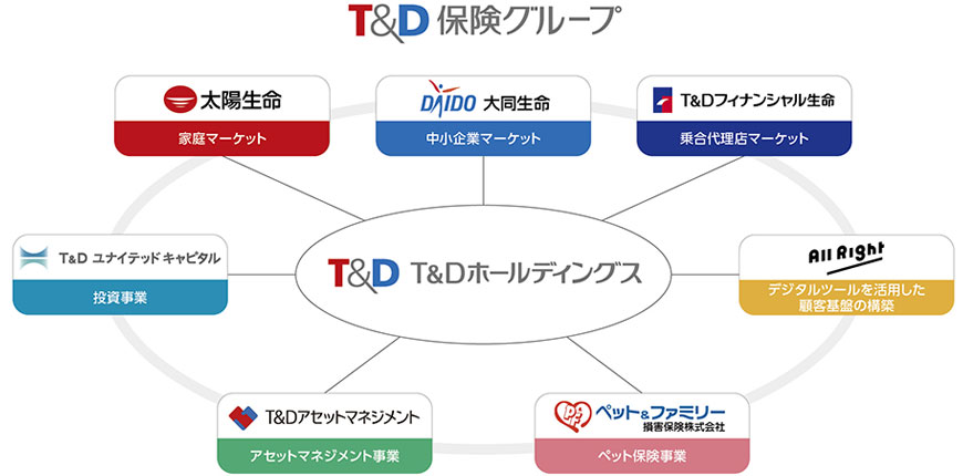 図：T&Dホールディングス：子会社、関連会社26社で構成するT&D保険グループの要となる持株会社です