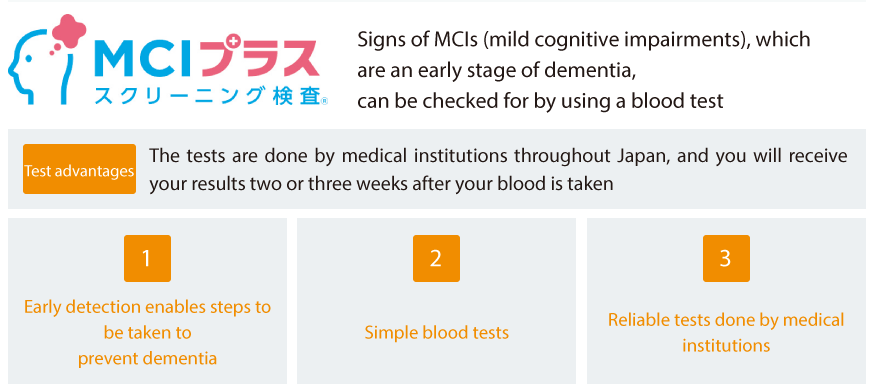 MCI Screening Plus. Signs of MCIs (mild cognitive impairments), which are an early stage of dementia, 
can be checked for by using a blood test. Test advantages:The tests are done by medical institutions throughout Japan, and you will receive your results two or three weeks after your blood is taken.