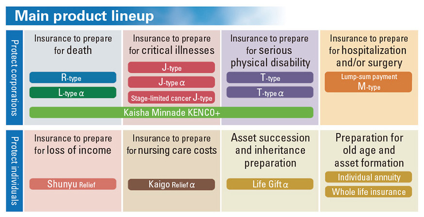 figure：Main product lineup. 
Insurance to prepare for death：R-type, L-type α. Insurance to prepare for critical illnesses
：J-type, J-type α、Stage-limited cancer J-type. Insurance to prepare for serious physical disability：T-type, T-type α. Insurance to prepare for hospitalization and/or surgery：Lump-sum payment M-type products. Insurance to prepare for loss of income：Shunyu Relief. Insurance to prepare for nursing care costs：Kaigo Relief α. Asset succession and inheritance preparation：Life Gift α. Preparation for old age and asset formation：Individual annuity, Whole life insurance.