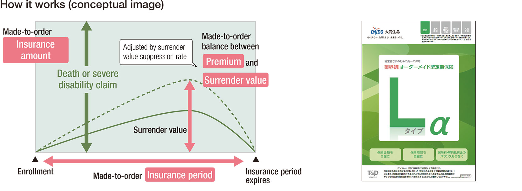 How it works (conceptual image): Made-to-order Insurance amount. Made-to-order Insurance period. Made-to-order balance between Premium and Surrender value. Photo: L-type