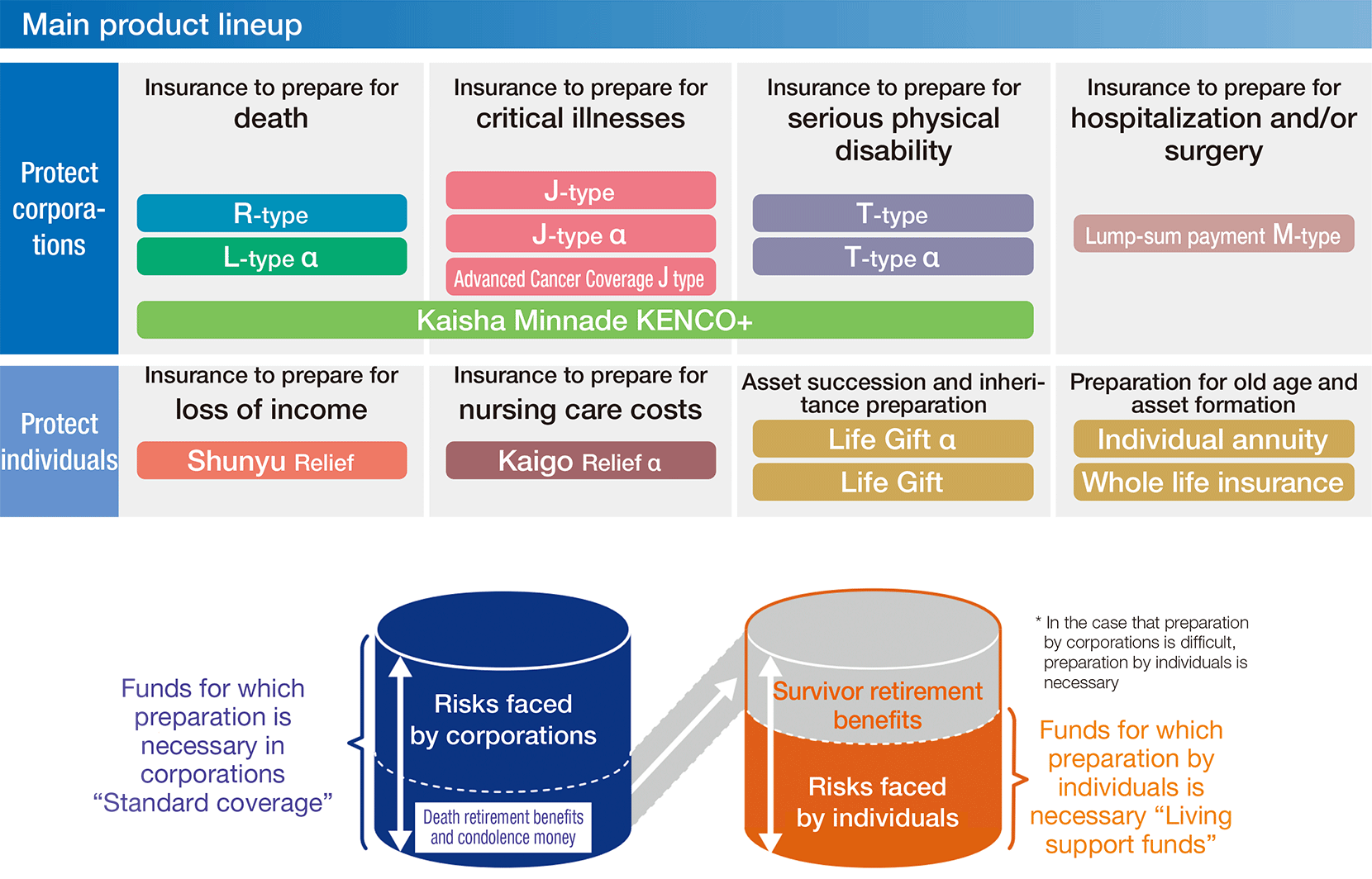 [Main product lineup] Protect corporations: Insurance to prepare for death “R-type”, “L-type α”. Insurance to prepare for critical illnesses “J-type”, “J-type α”, “Advanced Cancer Coverage J type”. Insurance to prepare for serious physical disability “T-type”, “T-type α”. Insurance to prepare for hospitalization and/or surgery “Lump-sum payment M-type”. Protect individuals: Insurance to prepare for loss of income “Shunyu Relief”. Insurance to prepare for nursing care costs “Kaigo Relief α”. Asset succession and inheritance preparation “Life Gift α”, “Life Gift”. Preparation for old age and asset formation “Individual annuity”, “Whole life insurance”.