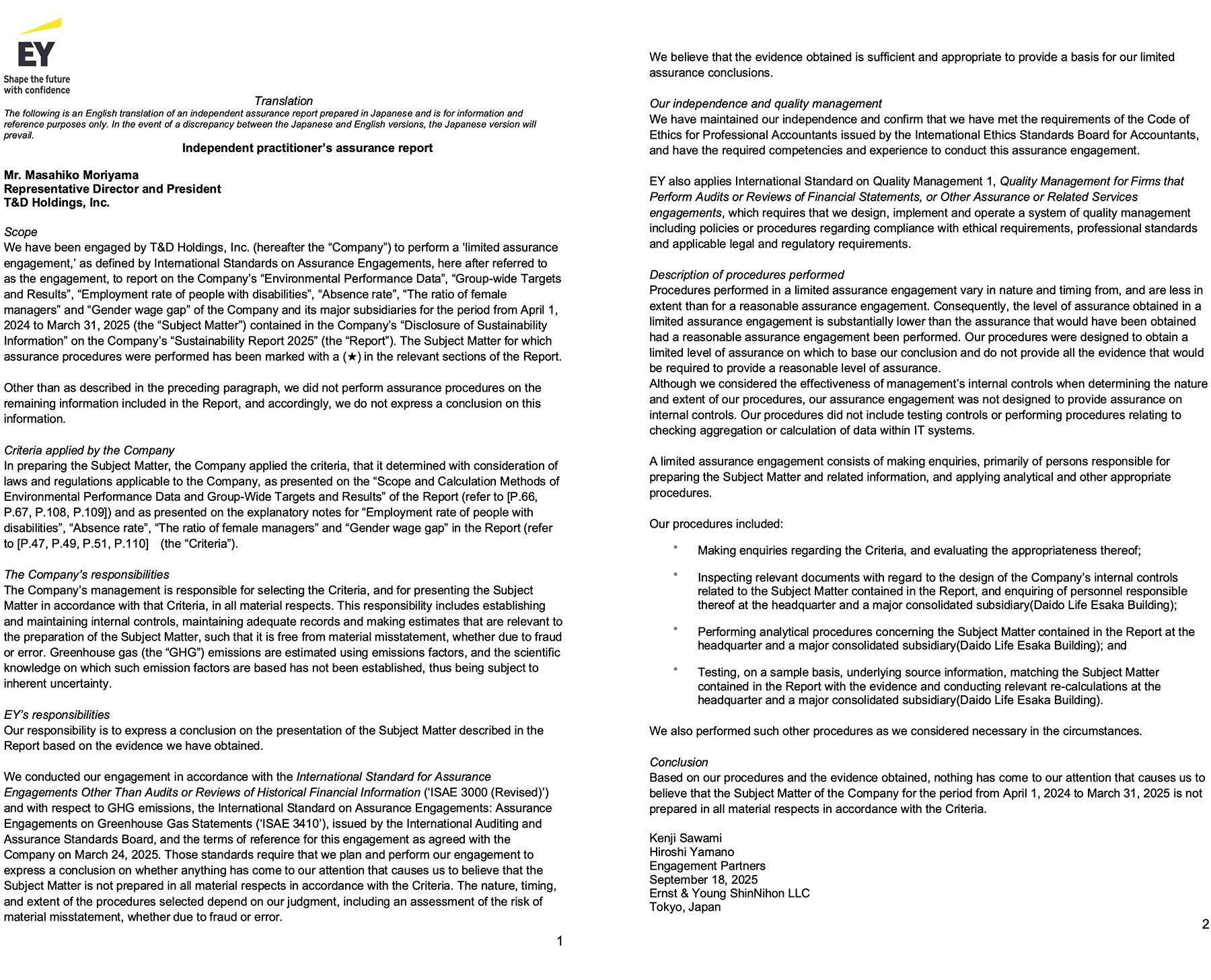 Independent practitioner’s assurance report