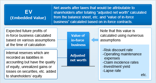 EV (Embedded Value) Net assets after taxes that would be attributable to shareholders after totaling “adjusted net worth” calculated from the balance sheet, etc. and “value of in-force business” calculated based on in-force contracts. Adjusted net worth: Internal reserves which are recorded as liabilities in accounting but have the quality of equity, unrealized gains or losses on securities, etc. added to shareholders’ equity. Value of in-force business: Expected future profits of in-force business calculated based on various assumptions at the time of calculation. Note that this value is calculated using numerous assumptions. -Risk discount rate -Operating maintenance expenses -Claim incidence rates -Investment yield -Lapse rate. etc.