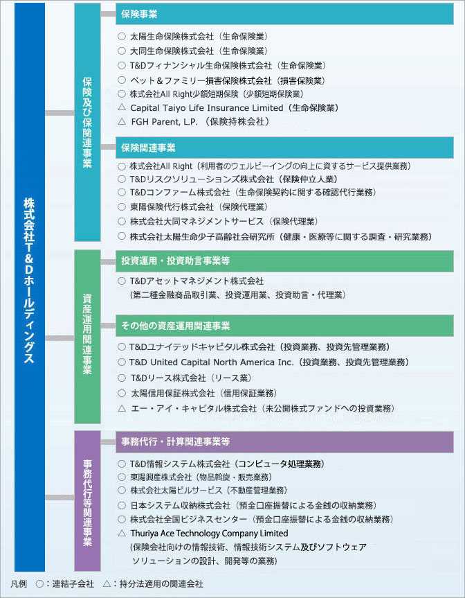 [株式会社T&Dホールディングス]、[保険及び保険関連事業]、[保険事業]● 太陽生命保険株式会社（生命保険業）、● 大同生命保険株式会社（生命保険業）、● T&Dフィナンシャル生命保険株式会社（生命保険業）、● ペット&ファミリー損害保険株式会社(損害保険業)、●株式会社All Right少額短期保険（少額短期保険業）、▲  Capital Taiyo Life Insurance Limited（生命保険業）、△ FGH Parent, L.P. （保険持株会社）● 株式会社Ａｌｌ　Ｒｉｇｈｔ（利用者のウェルビーイングの向上に資するサービス提供業務）●T&Dリスクソリューションズ株式会社（保険仲立人業）●T&Dコンファーム株式会社（生命保険契約に関する確認代行業務）● 東陽保険代行株式会社（保険代理業）● 株式会社大同マネジメントサービス（保険代理業）● 株式会社　太陽生命少子高齢社会研究所（健康・医療等に関する調査・研究業務）、[資産運用関連事業]、[投資運用・投資助言事業等]● T&Dアセットマネジメント株式会社　（第二種金融商品取引業、投資運用業、投資助言・代理業）[その他の資産運用関連事業]●Ｔ&Ｄユナイテッドキャピタル株式会社（投資業務、投資先管理業務）●T&D United Capital North America Inc.（投資業務、投資先管理業務）● T&Dリース株式会社（リース業）● T&D Asset Management Cayman Inc.（ファンドの運営及び管理業務）● 太陽信用保証株式会社（信用保証業務）▲ エー・アイ・キャピタル株式会社（未公開株式ファンドへの投資業務）▲ AIC Private Equity Fund General Partner Ltd.（ファンドの運営及び管理業務）[総務・事務代行等関連事業]、[事務代行・計算関連事業等]● T&D情報システム株式会社（コンピューター処理業務）●東陽興産株式会社（物品斡旋・販売業務）●株式会社太陽ビルサービス（不動産管理業務）● 日本システム収納株式会社（預金口座振替による金銭の収納業務）● 株式会社全国ビジネスセンター（預金口座振替による金銭の収納業務）