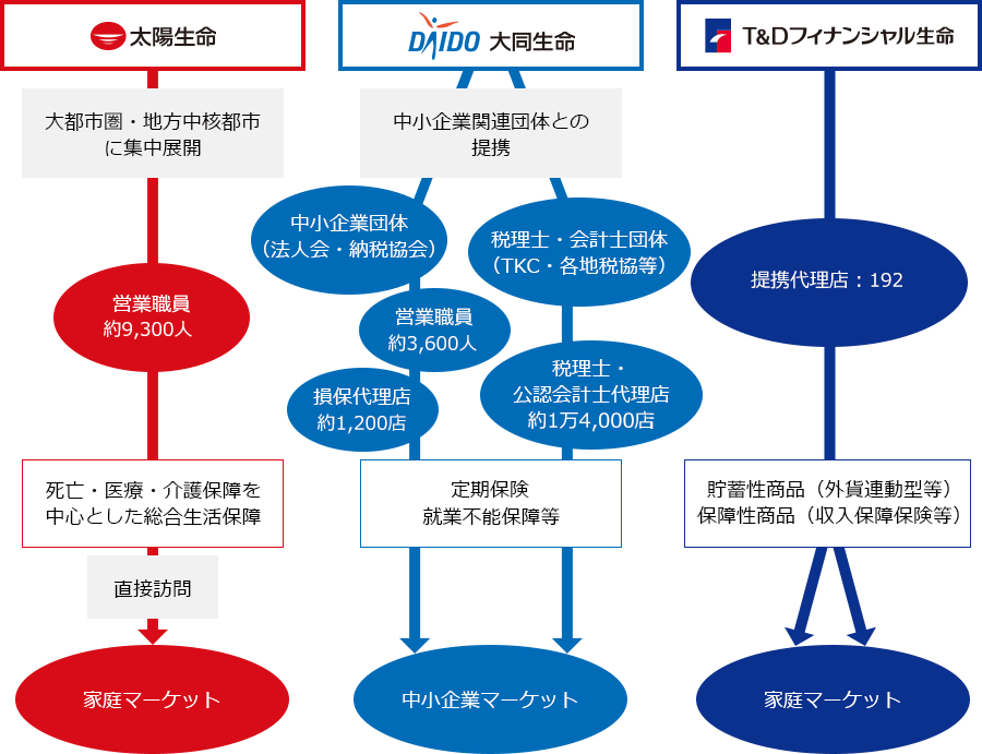 ［太陽生命］大都市圏・地方中核都市に集中展開、営業職員約9,300人、死亡・医療・介護保障を中心とした総合生活保障、直接訪問→家庭マーケット［大同生命］中心企業関連団体との提携、中小企業団体（法人会・納税協会）、営業職員約3,600人、損保代理店約1,200店、税理士・会計士団体（TKC・各地税協等）、税理士・公認会計士代理店約1万4,000店、定期保険 就業不能保障等→中小企業マーケット［T&Dフィナンシャル生命］提携代理店：192、貯蓄性商品（外貨連動型等） 保障性商品（収入保障保険等）→家庭マーケット