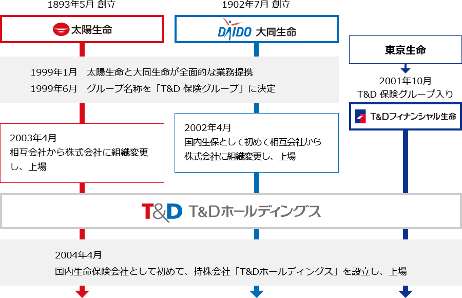 1893年5月創立［太陽生命］1902年 7月創立［大同生命］…1999年 1月 太陽生命と大同生命が全面的な業務提携 1999年 6月 グループ名称を「T&D 保険グループ」に決定 2001年 10月 東京生命がT&D保険グループ入り［T&D フィナンシャル生命］となる 2002年 4月［大同生命］国内生保として初めて相互会社から株式会社に組織変更し、上場 2003年 4月［太陽生命］相互会社から株式会社に組織変更し、上場 2004年 4月［T&Dホールディングス］国内生命保険会社として初めて、持株会社「T&Dホールディングス」を設立し、上場