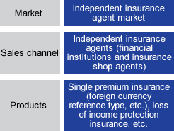Market: Independent insurance agent market / Sales channel: Independent insurance agents (financial institutions and insurance shop agents) / Products: Single premium insurance (foreign currency reference type, etc.), loss of income protection insurance, etc.
