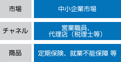 市場：中小企業市場／チャネル：営業職員、代理店（税理士等）／商品：定期保険、就業不能保障 等