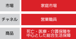 市場：家庭市場／チャネル：営業職員／商品：死亡・医療・介護保障を中心とした総合生活保障